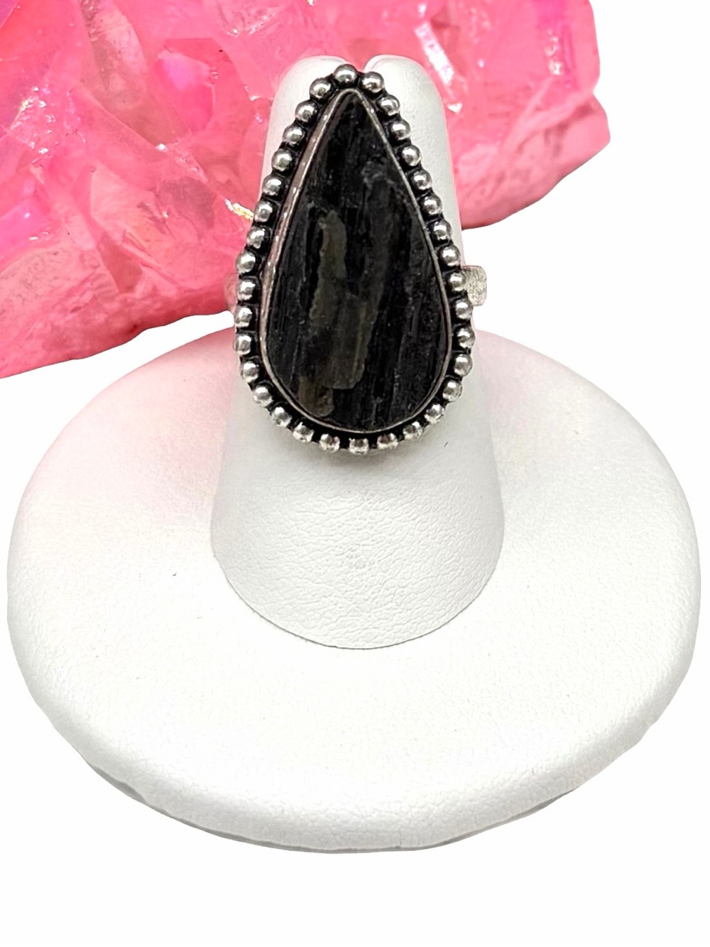 Black Tourmaline Ring Size 6.5 925 Sterling Silver Overlay Raw Rough Stone